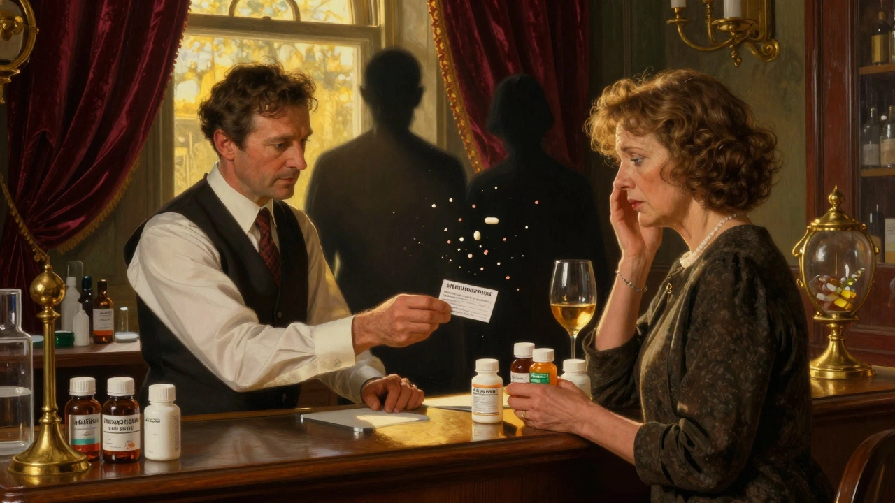 A pharmacist warns a woman about alcohol-medication risks, with spectral drug molecules looming behind them.