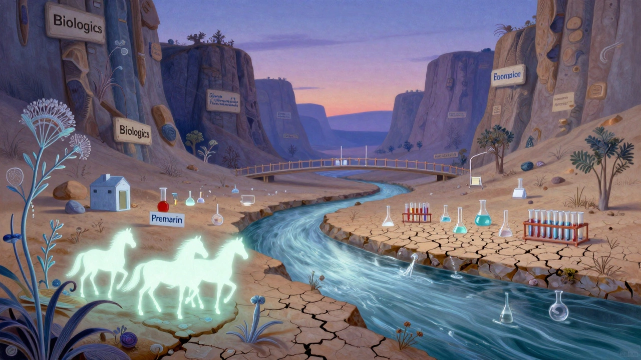 A river of mare-based medication flows toward a desert blocked by towering biologic cliffs, with generic manufacturers struggling to build bridges.