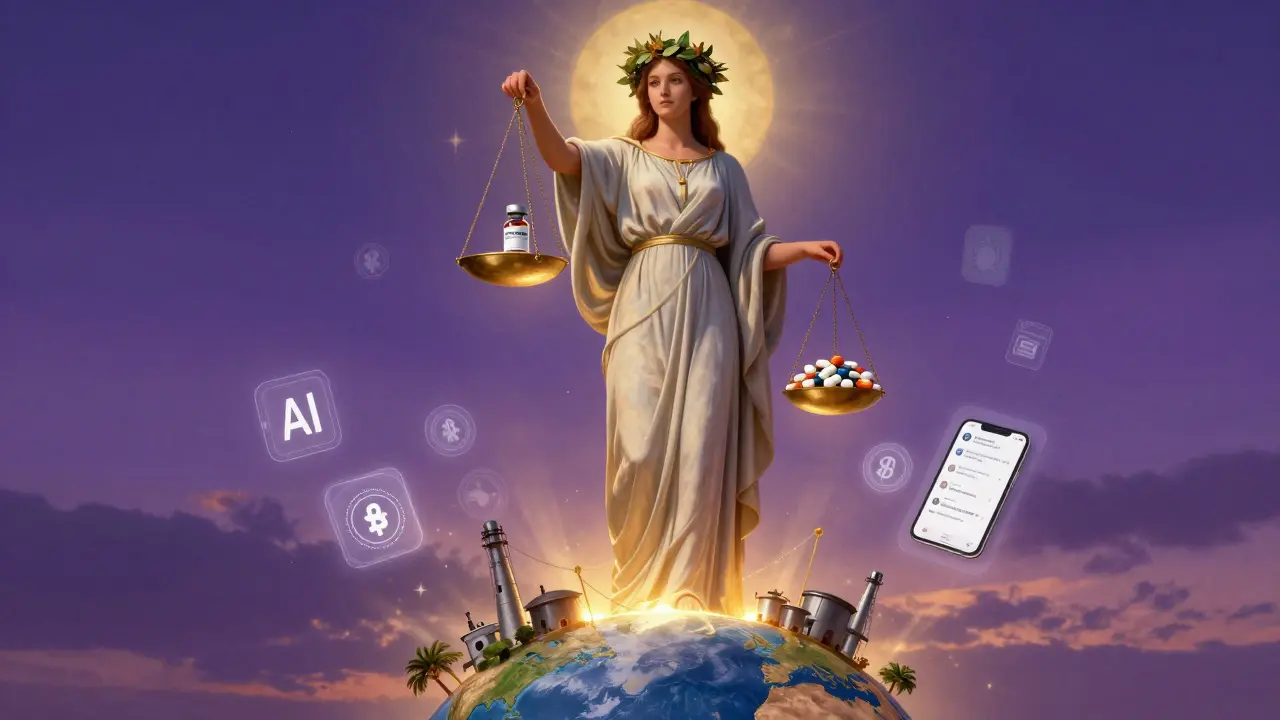A robed figure of Health Equity balancing a biosimilar vial against a mountain of pills atop a glowing globe.