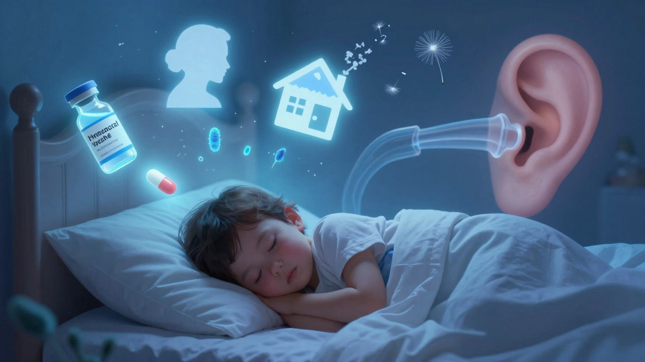 A sleeping child surrounded by symbols of prevention—vaccine, breastfeeding, smoke-free air—while infected bacteria fade away.