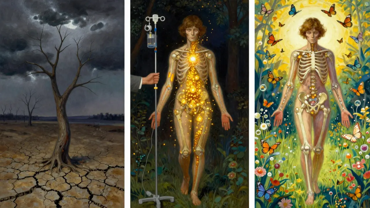 A three-panel symbolic journey from damaged joints to restored health, illustrated with luminous, mythological detail.