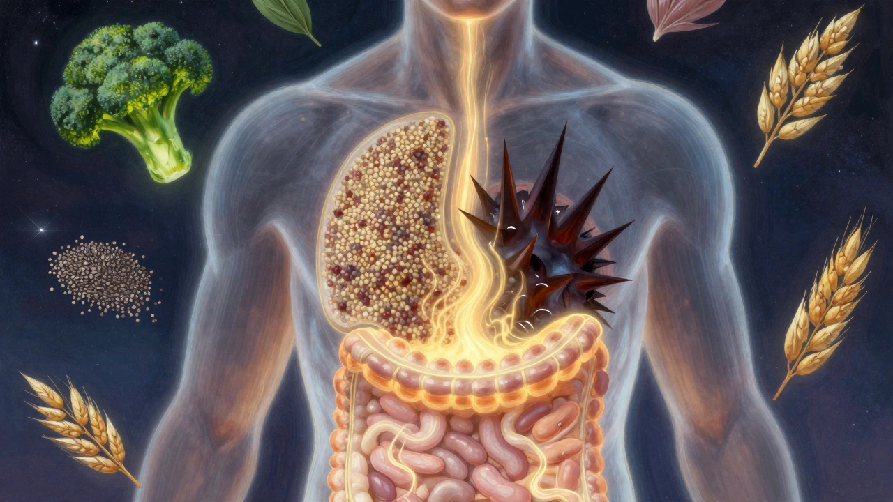 A transparent human figure with glowing digestive system showing steady energy from low-GI foods.