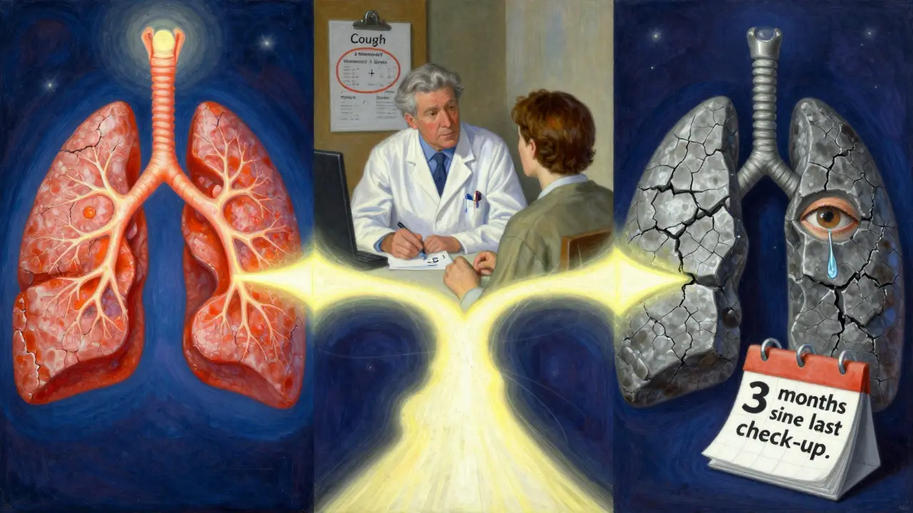 A triptych showing a healthy lung, a doctor consultation, and a scarred lung with a tear falling toward a calendar.