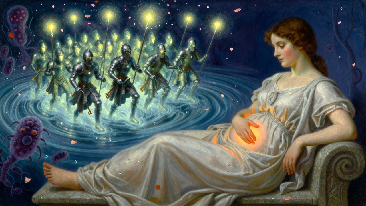 A woman at rest with a soft orange glow on her abdomen, while celestial knights defeat bacterial monsters in a luminous river of urine.
