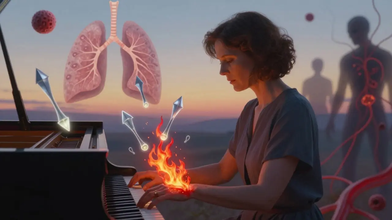 A woman playing piano as glowing antibodies neutralize inflammation around her wrists, bathed in soft dawn light.