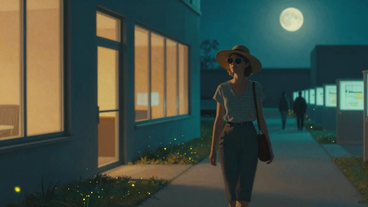 A woman walks home at night wearing sunglasses and a hat, passing a softly lit office building, bathed in moonlit turquoise and rose tones.