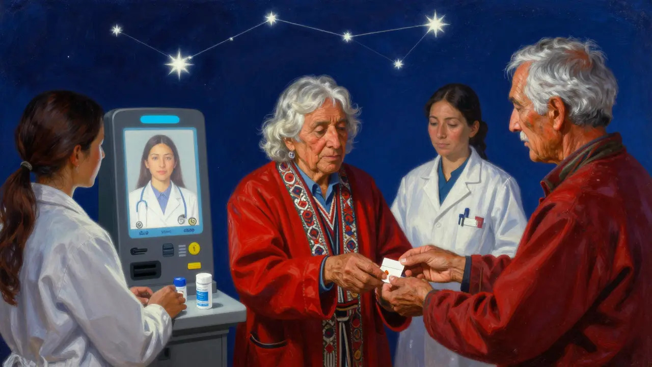 An elder receives warfarin with dual pharmacist verification under a starlit sky in Navajo Nation.