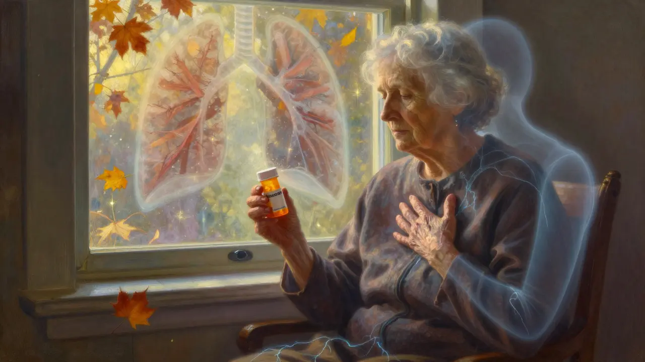 An elderly woman holding a pill bottle as a ghostly scarred lung hovers behind her in sunlit stillness.