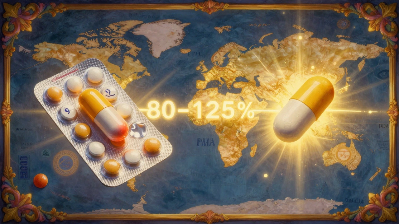 Brand and generic pills glowing with equal radiance, connected by a bioequivalence boundary over a world map.