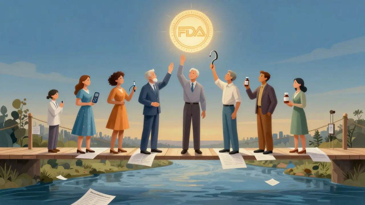 Diverse individuals on a paper bridge reaching toward a celestial FDA seal amid glowing reports.