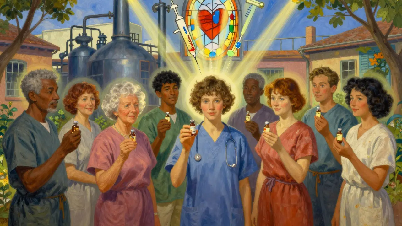 Diverse patients holding generic medicine vials in a sunlit courtyard with a glowing factory behind them.