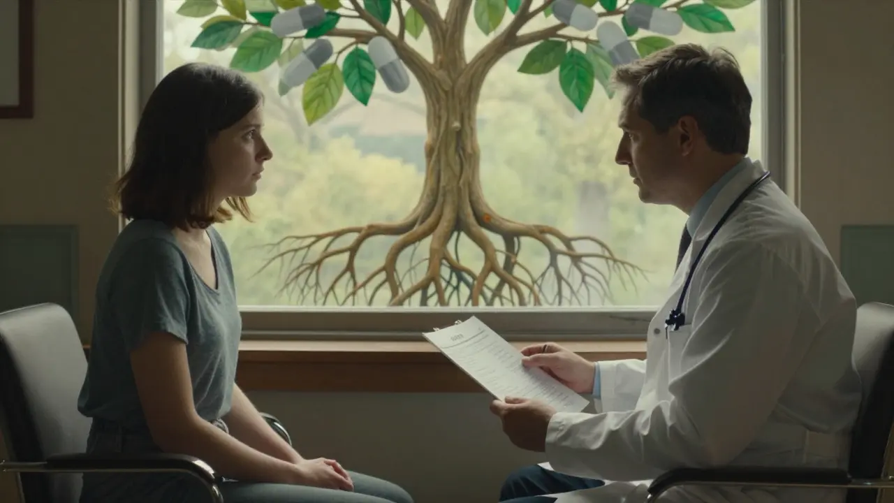 Doctor and patient in sunlit office, PHQ-9 in hand, with a tree whose leaves turn from green to gray.