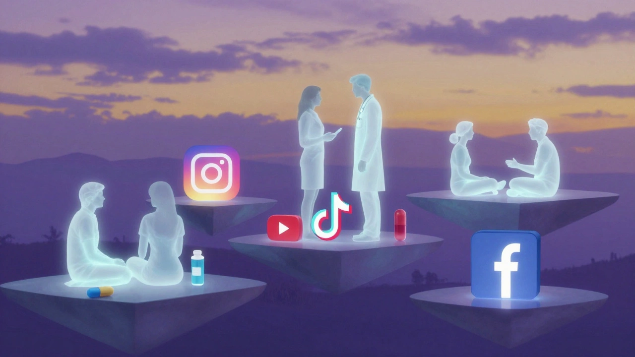 Floating social media platforms glow with medical icons as patients and pharmacists connect across a dreamy twilight landscape.