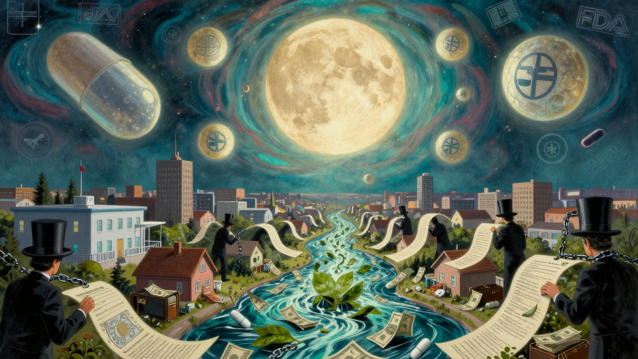 Giant generic pills illuminate a city while corporate figures lose patent scrolls into a river of money.