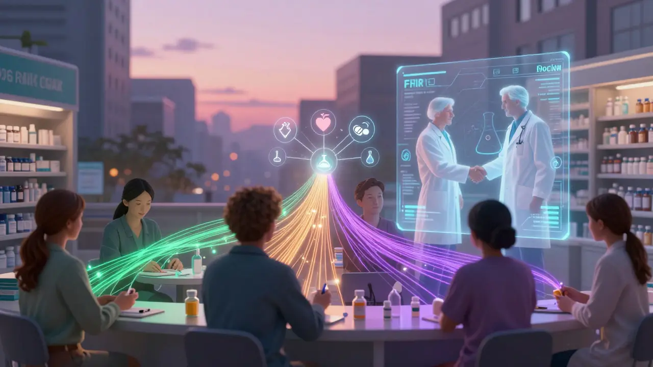 Multiple patients connected by radiant data streams to medical icons, with a pharmacist and doctor shaking hands through a digital portal.