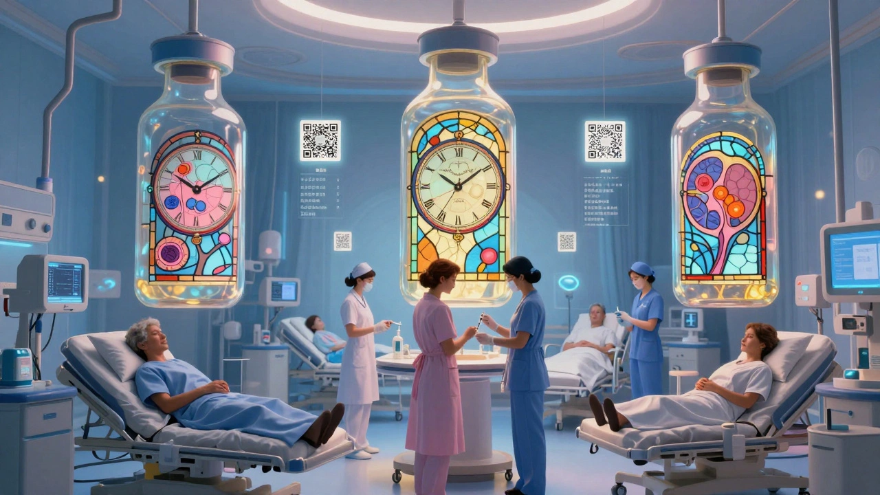 Patients receiving biosimilar injections in a luminous oncology ward, with floating vials showing biological structures and blockchain data.