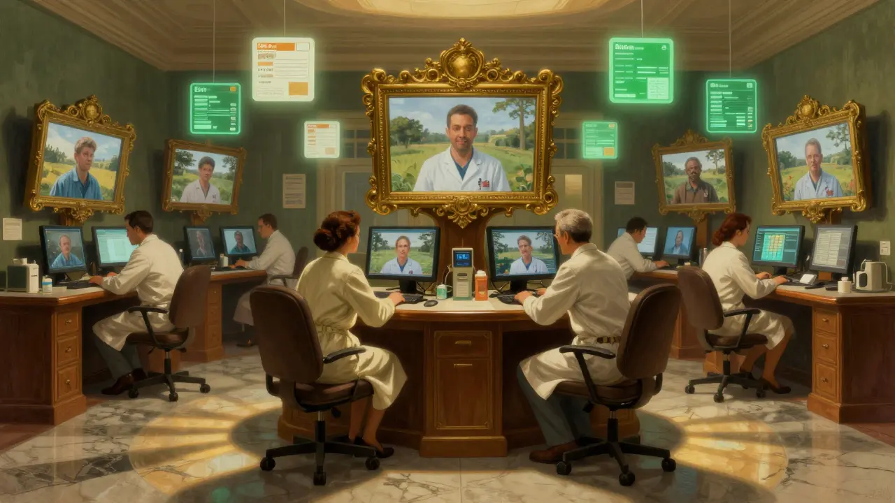 Pharmacists in a luminous hub monitor remote patients through glowing video screens at night.