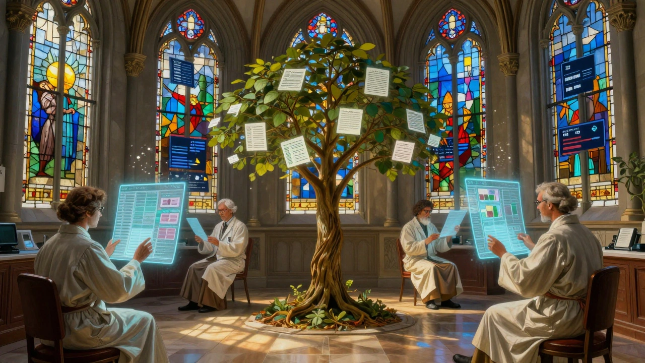 Scientists in a luminous center analyze floating patient data under stained-glass windows.
