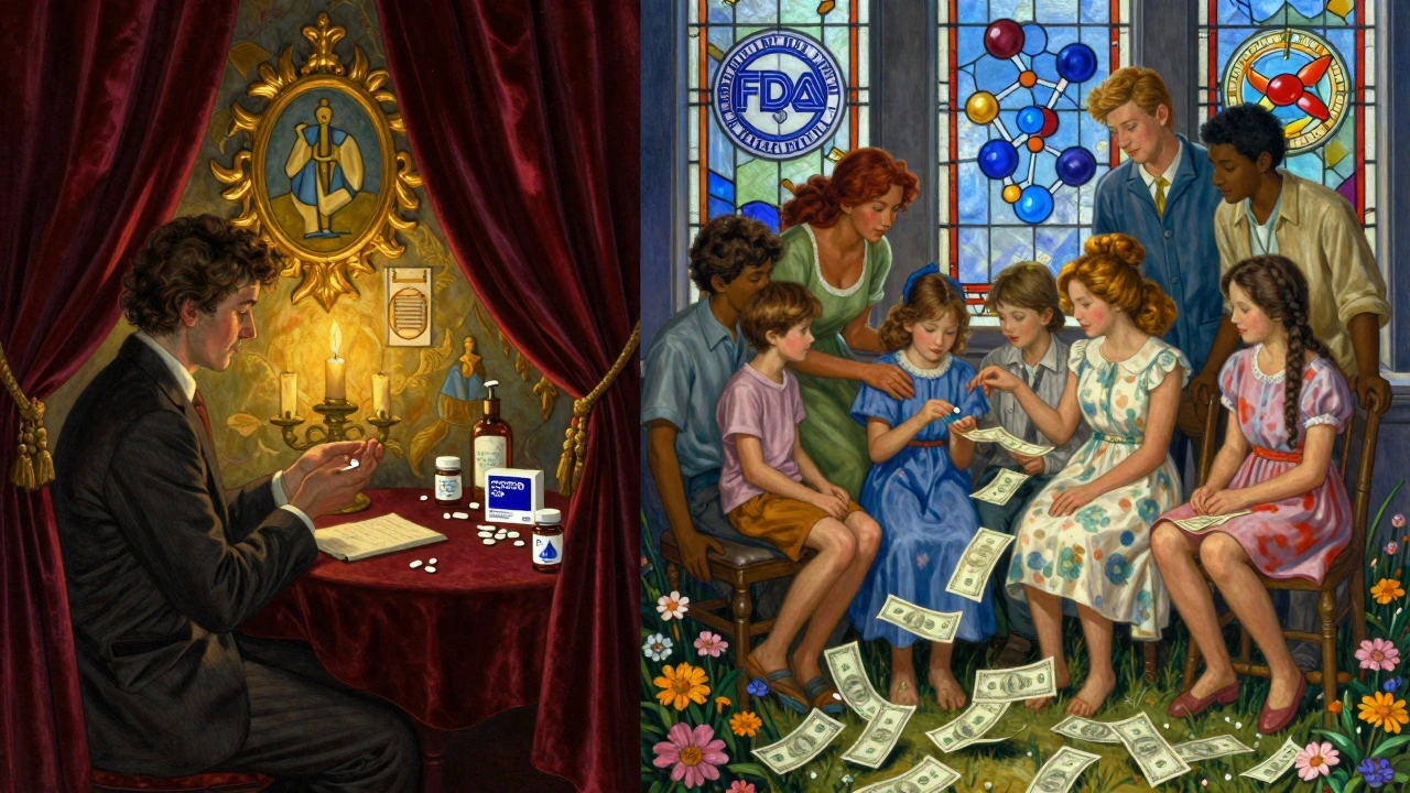 Split scene: expensive brand-name drug vs. affordable generics in a luminous, dreamlike setting.