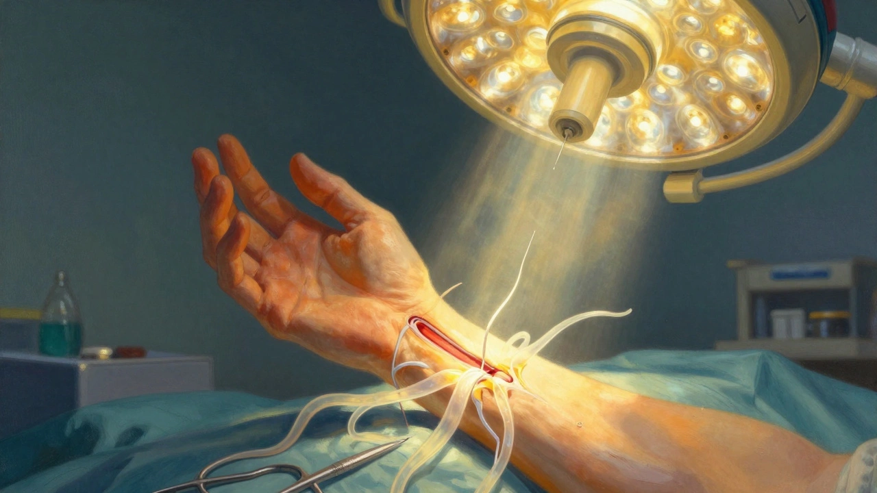 Surgeon carefully cuts the ligament to release the compressed median nerve under a golden surgical light.