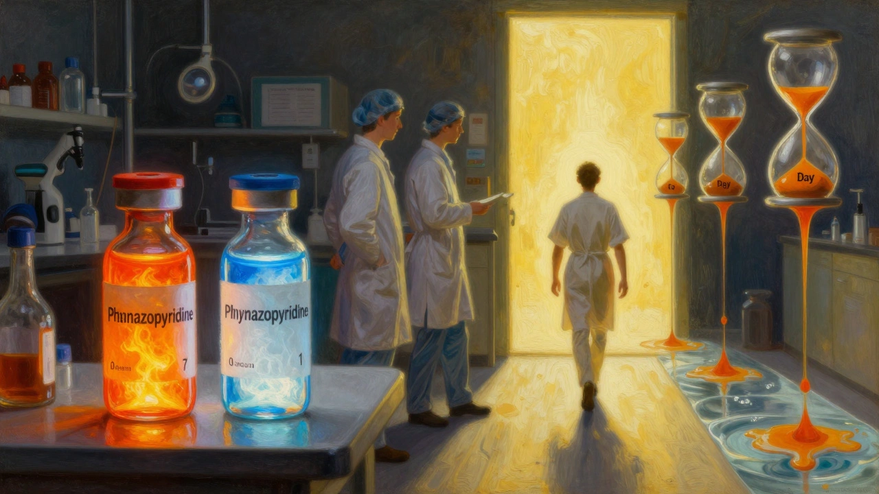 Two glowing vials on a table beside a miniature patient walking from darkness to light, with fading orange urine stains turning clear.
