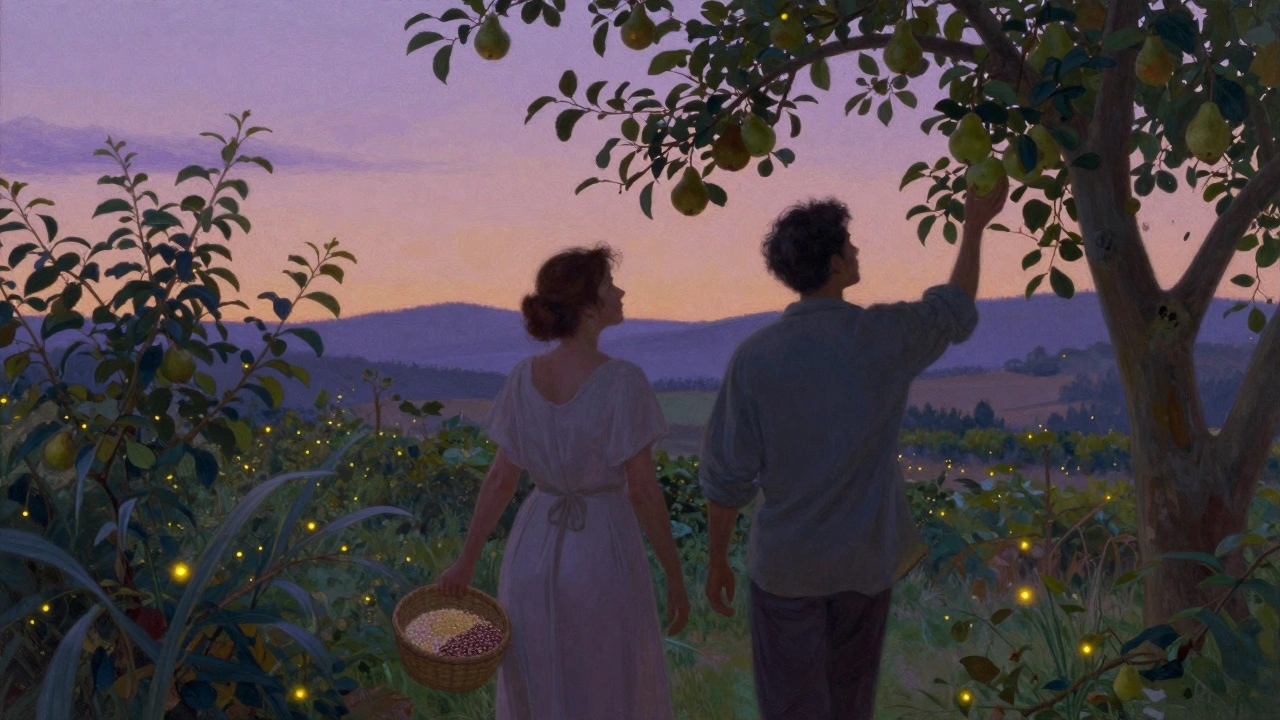 Two people walking in a garden at twilight, holding baskets of whole grains and ripe fruit.