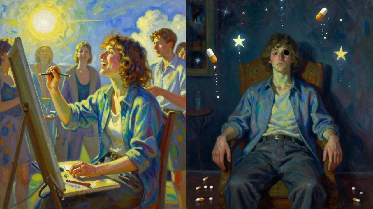 Two versions of a person: one joyful in sunlight, the other hollow in shadow, surrounded by floating pills.