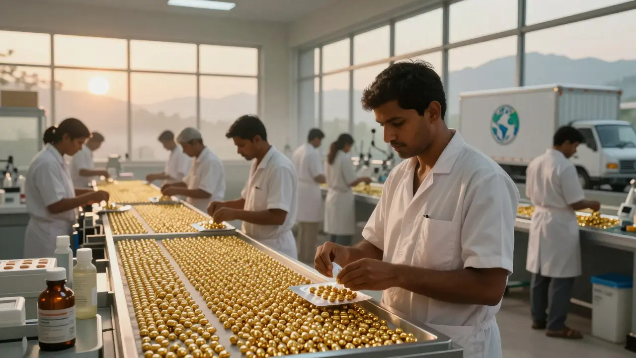 Workers in an Indian generic drug factory packaging pills under soft morning light.