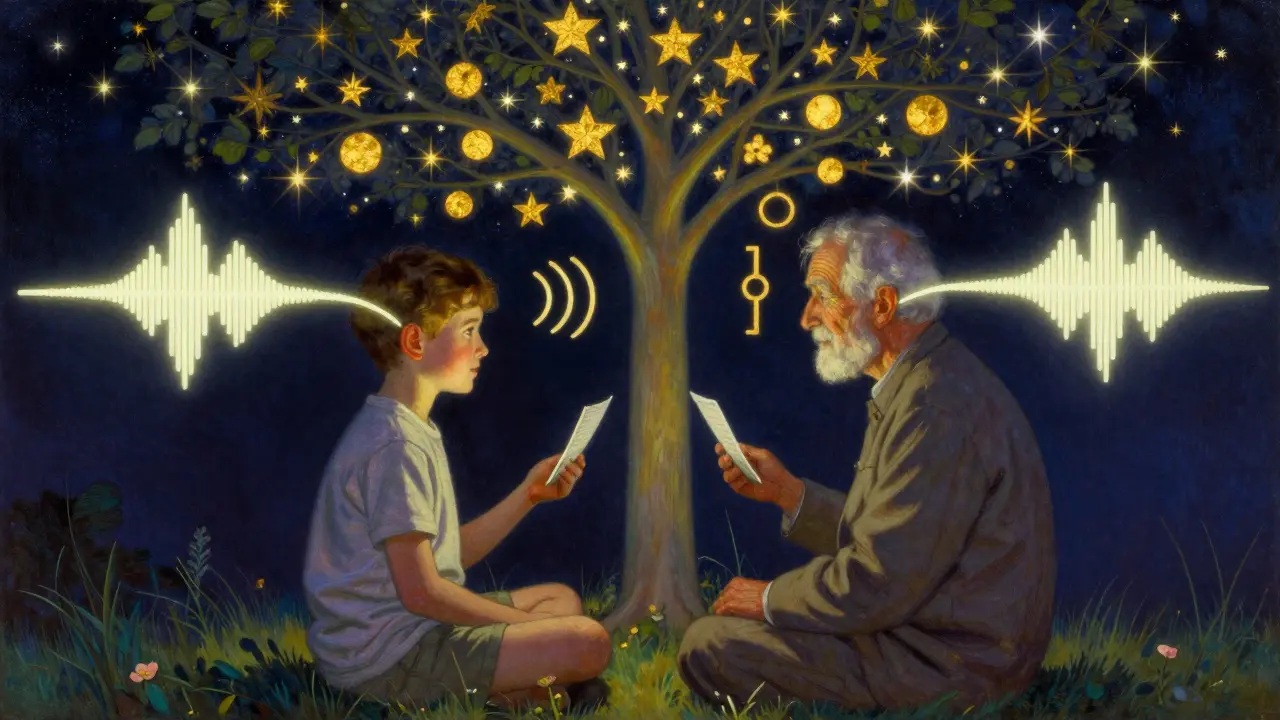 A child and an elderly person share floating audiograms connected by light bridges, symbolizing hearing health across generations.