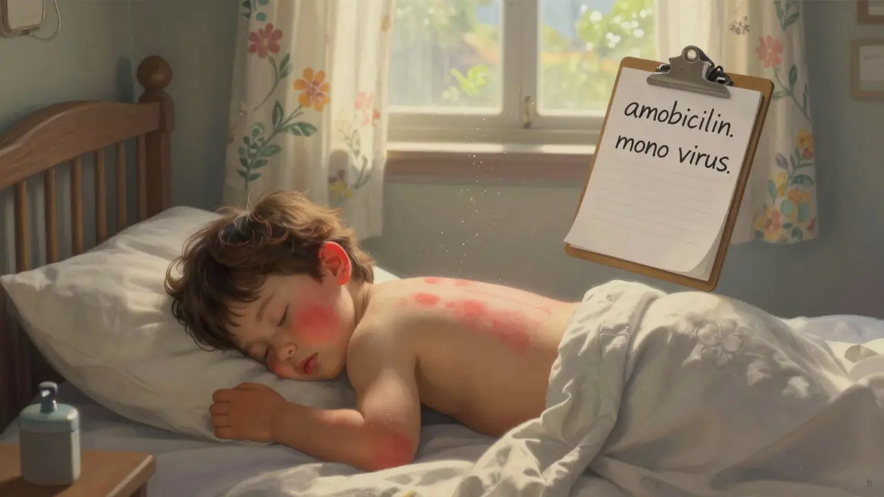 A child asleep with a rash spreading across their back, morning light filtering through floral patterns.