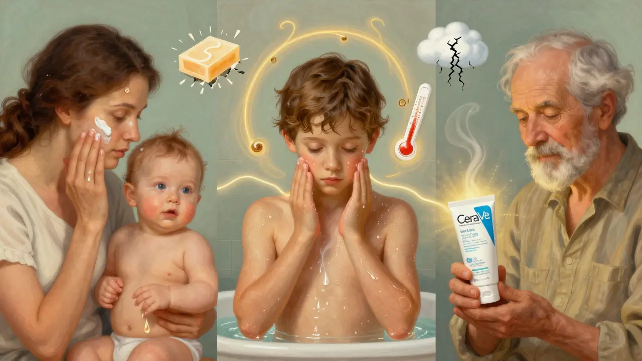 A family applying emollients daily — infant, teen, elder — surrounded by fading triggers, connected by a radiant thread symbolizing lifelong skin care.