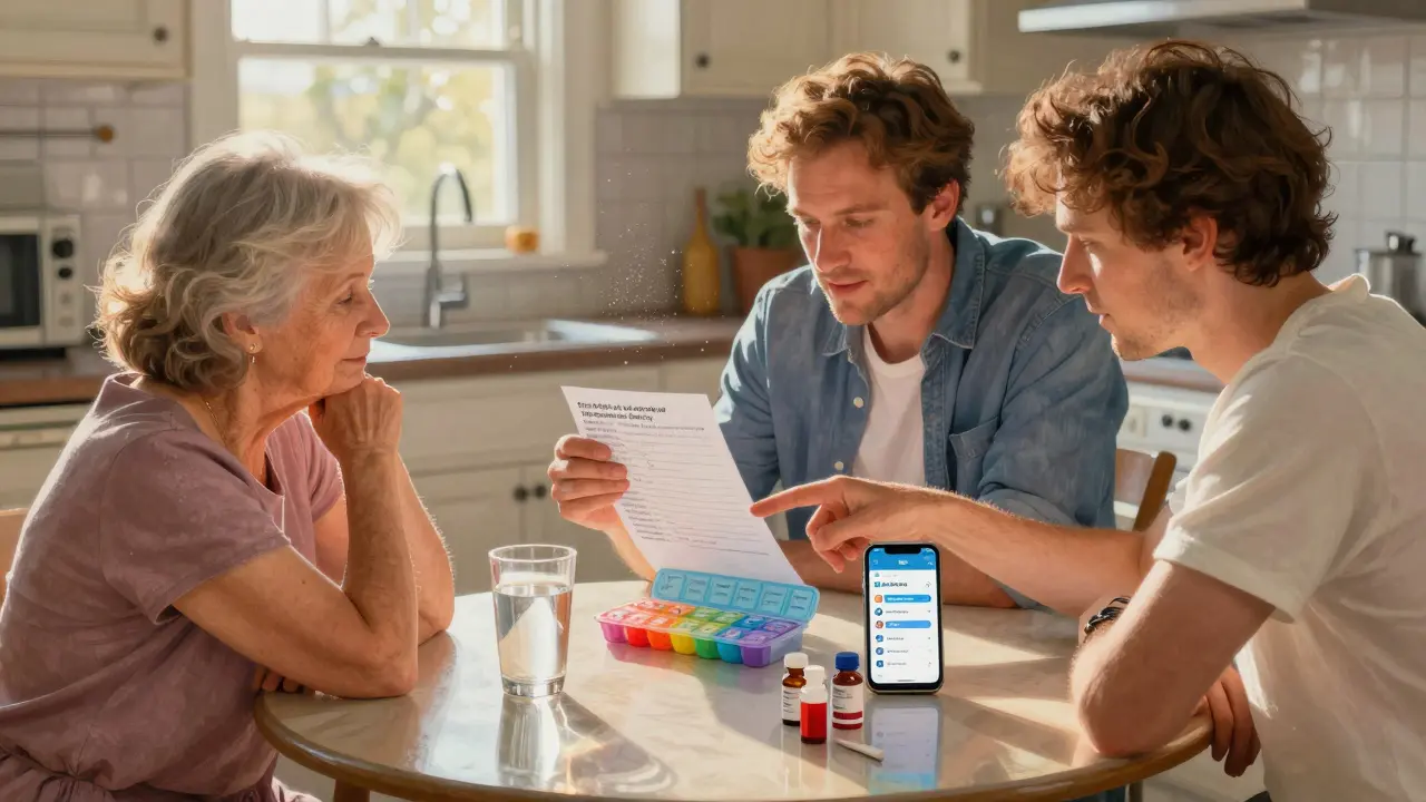 A family reviews medication safety using a pill organizer and phone at a kitchen table at dawn.