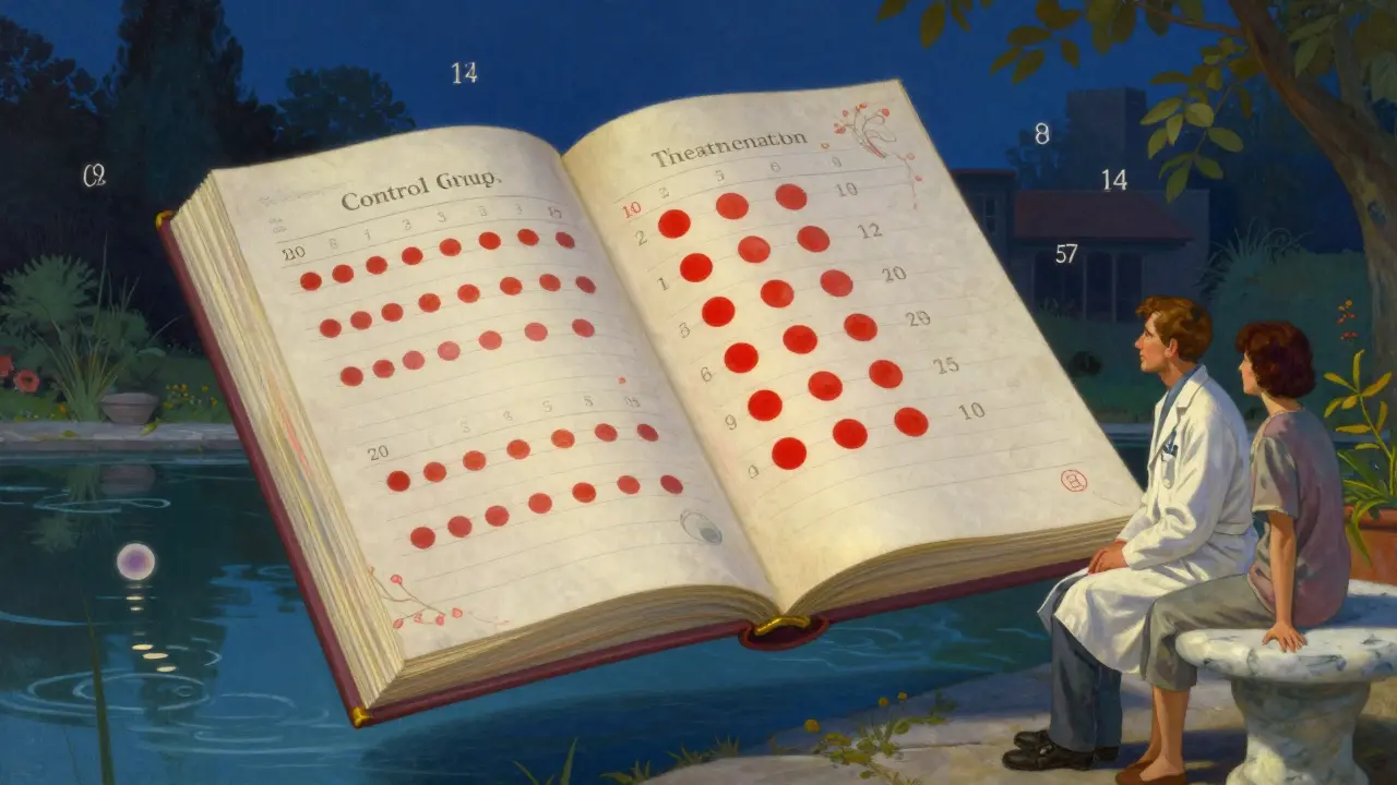 A floating medical ledger with red dots comparing treatment and control groups, beside a doctor and patient.