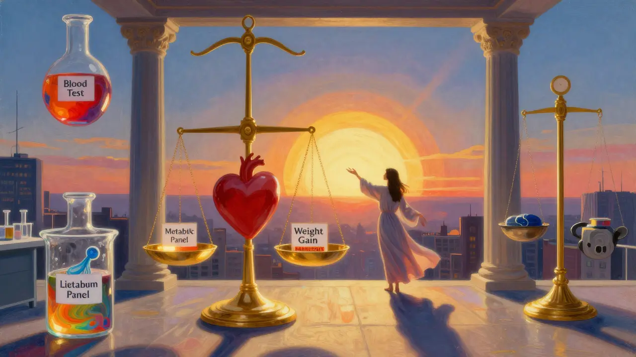 A floating medical scale balancing mental health side effects against healing light.