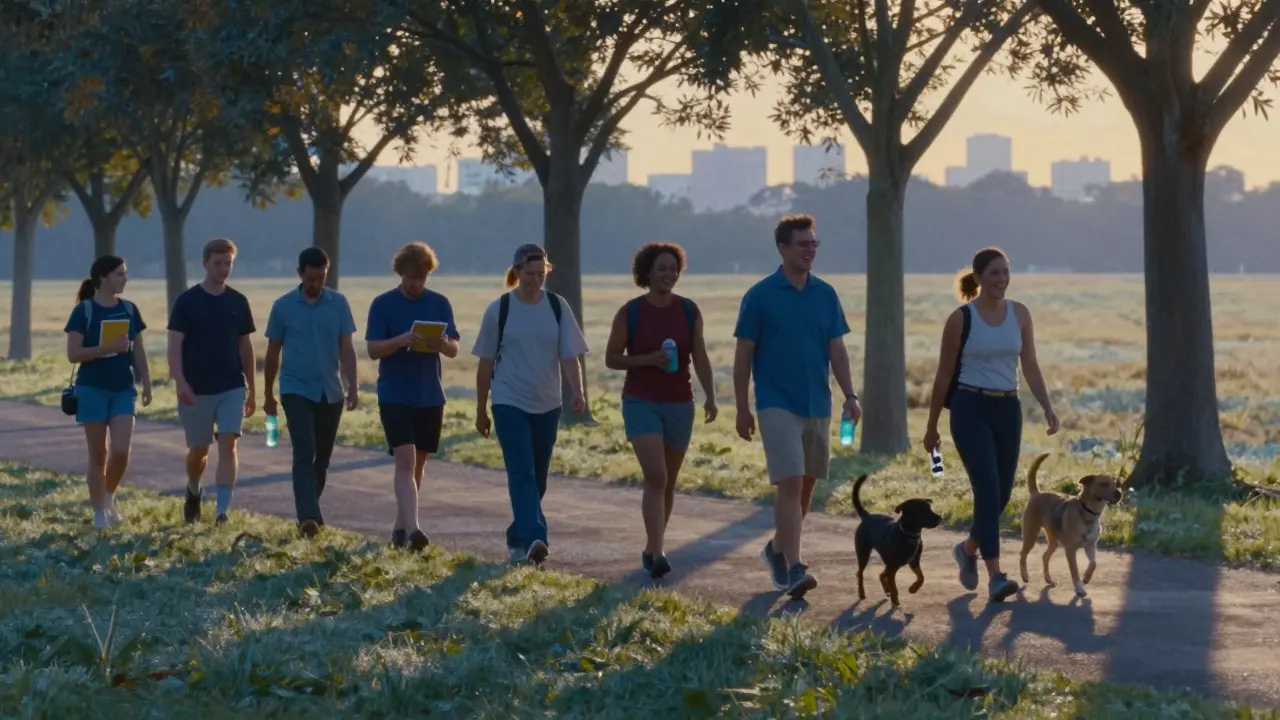 A group walking together at dusk, symbolizing daily movement and consistent habits.