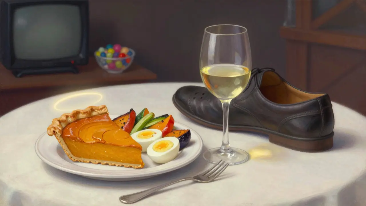 A holiday meal with balanced food choices and a walking shoe, showing mindful planning.