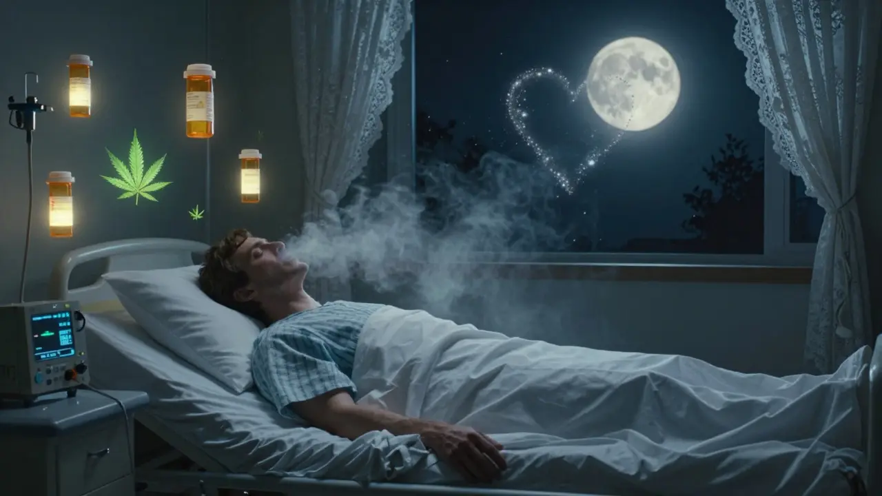 A hospital bed with floating pills and cannabis leaves as a patient's breath turns to dissolving mist.