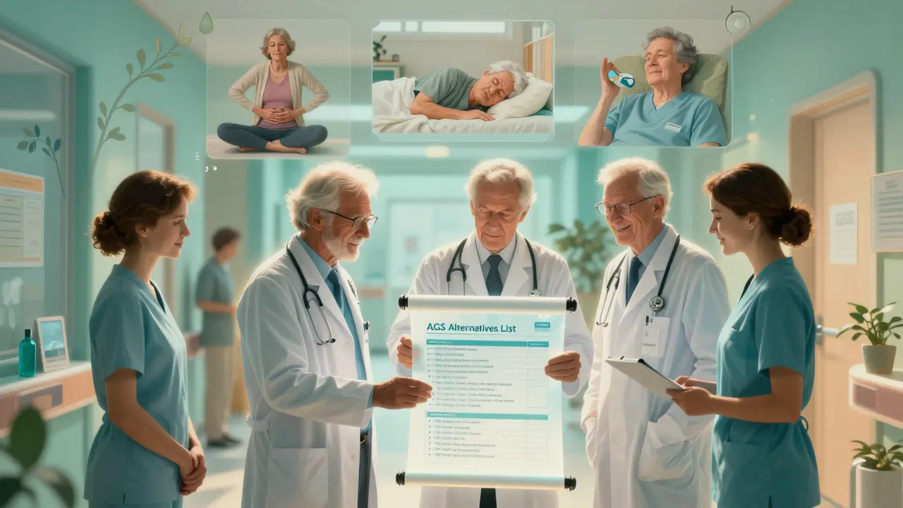 A medical team reviewing a luminous alternatives list with elderly patients in peaceful vignettes behind them.
