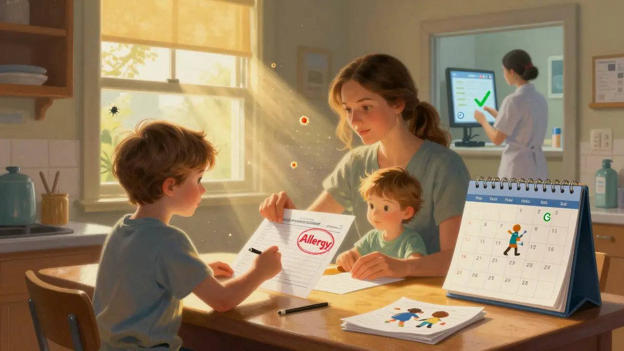 A mother erases a penicillin allergy label from a medical record as golden light restores health and hope.