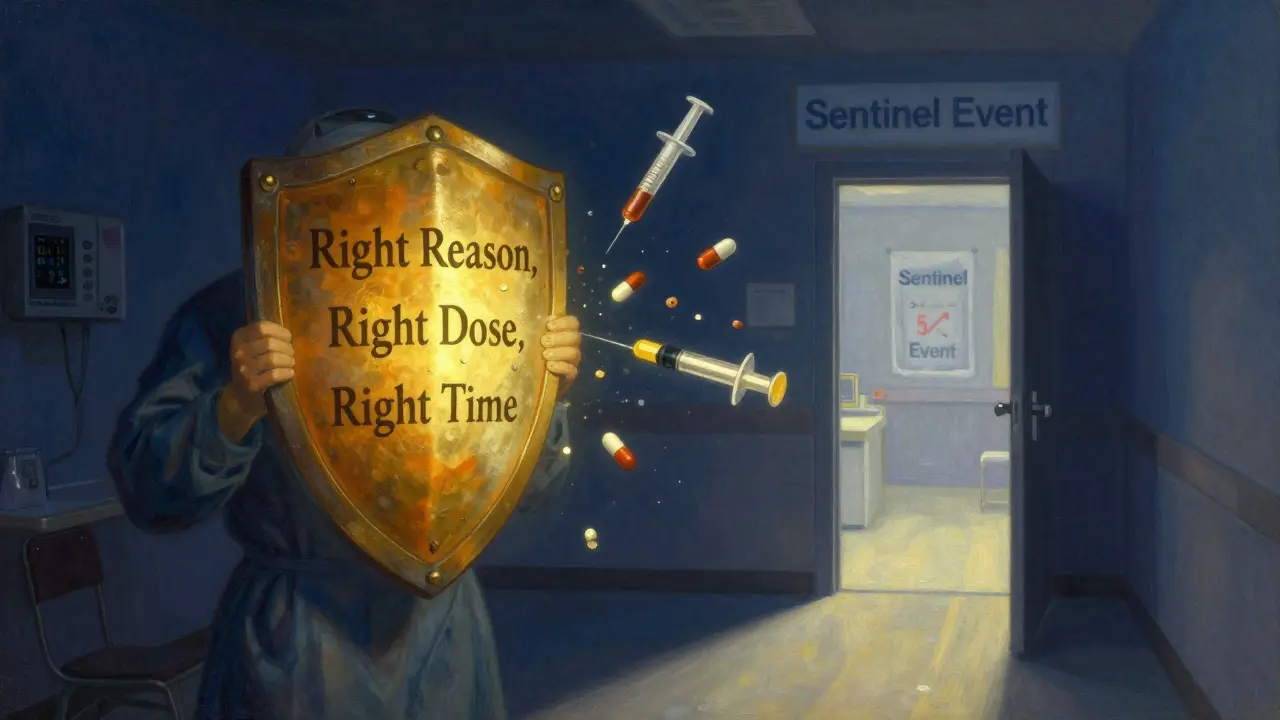 A patient holds a glowing shield of medication rights, deflecting dangerous errors in a dreamlike scene.