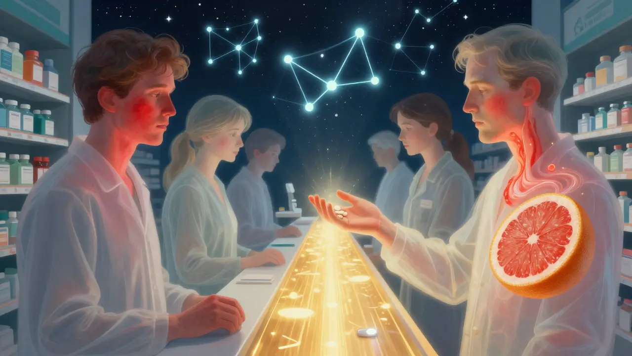 A patient is surrounded by fading allergy symbols, guided by a safe pill and glowing AI constellations.