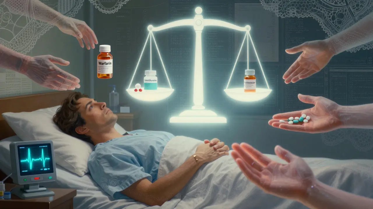 A patient surrounded by floating medication bottles as hands from different states influence substitution decisions.