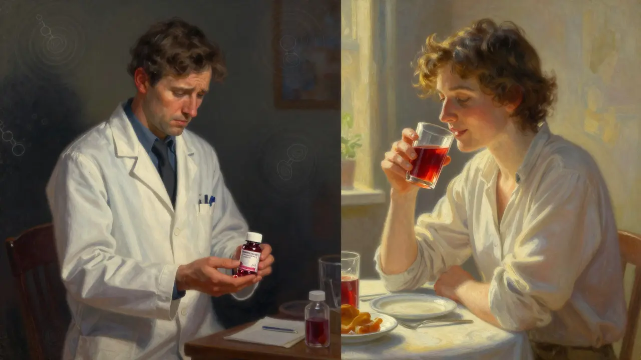 A pharmacist handing a cranberry supplement to a patient, contrasted with the same patient drinking juice in sunlight.