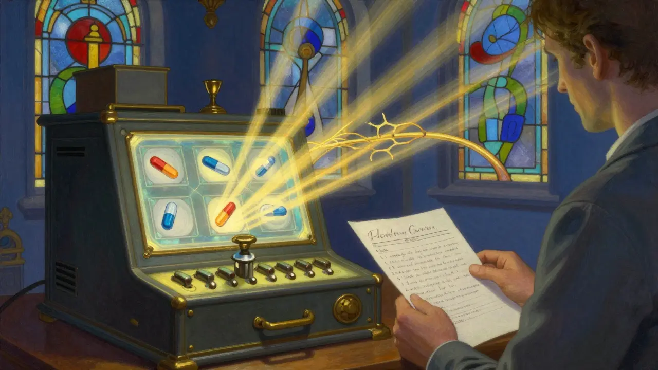 A pharmacist stands before a mystical mechanical device displaying floating medical icons in luminous tones.