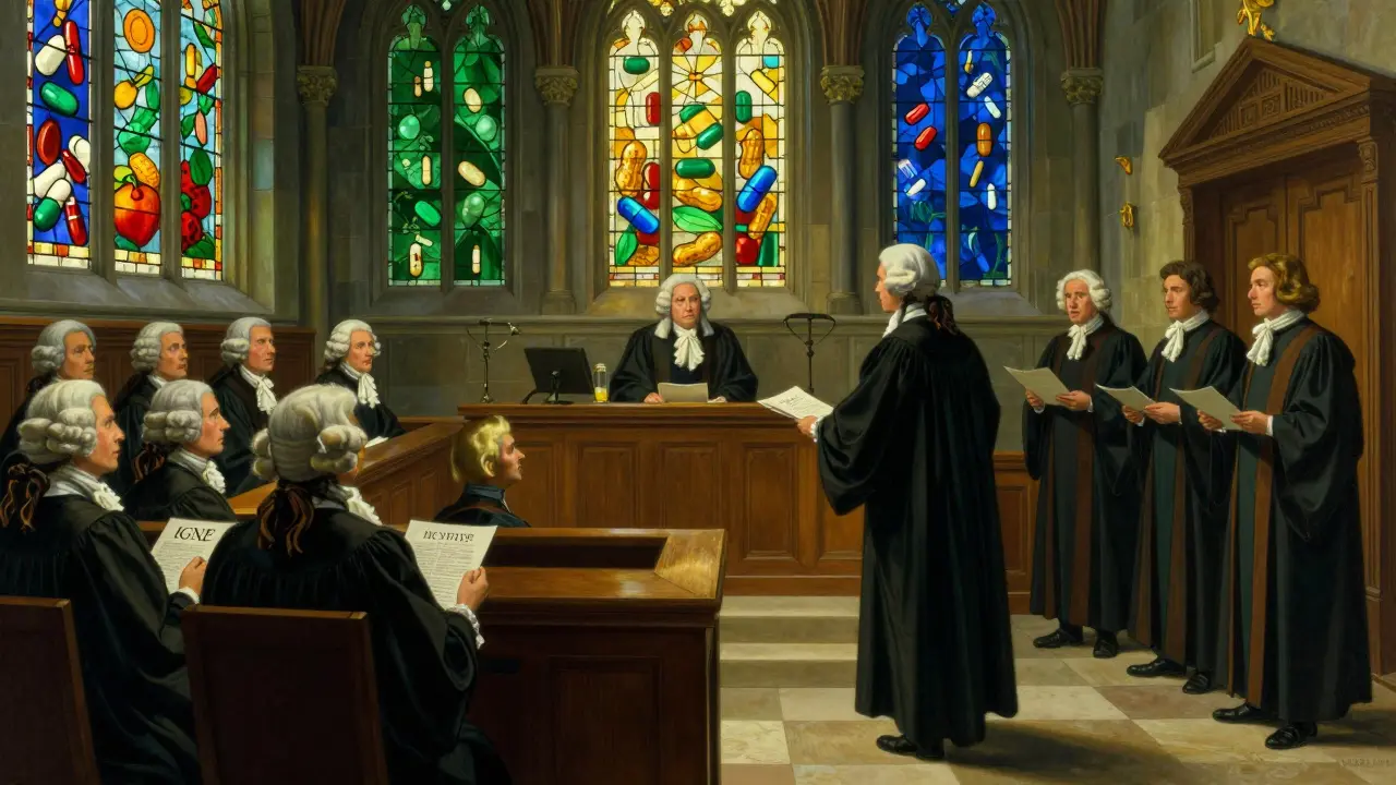 A symbolic courtroom where IgE antibodies and T-cells debate food and drug allergies in a glowing body cathedral.