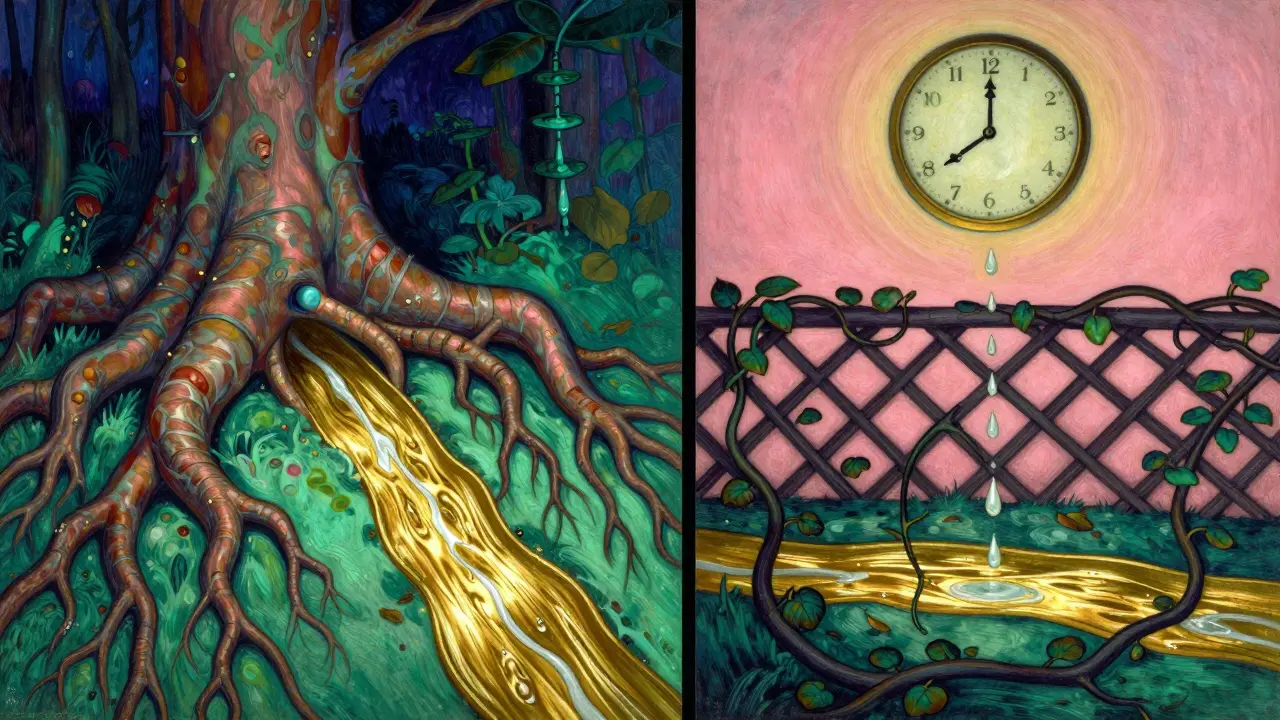 A symbolic diptych showing a blocked urethra by prostate and anticholinergic vines under celestial light.