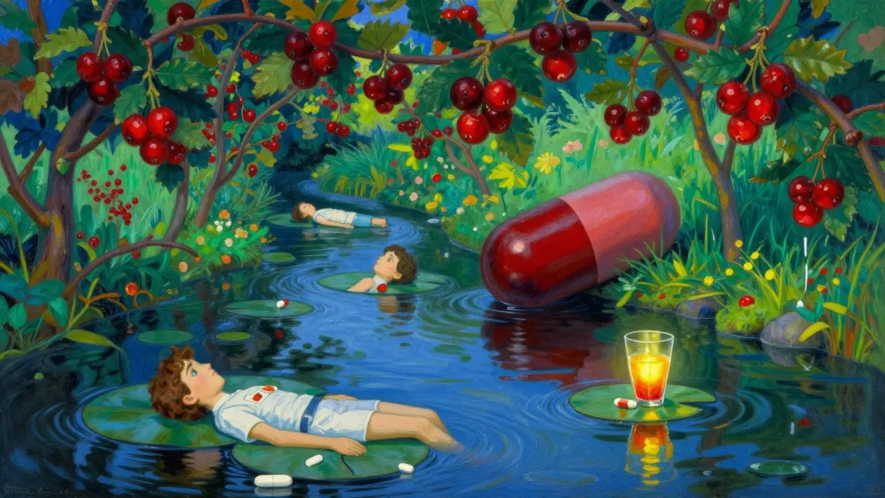 A symbolic river scene with cranberry vines and floating medication icons, a glowing juice glass guiding safe passage.