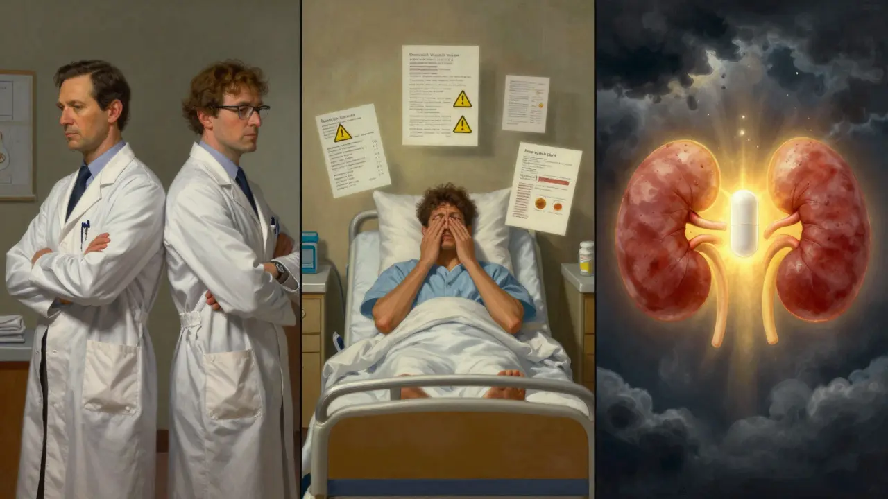 A triptych showing disconnected doctors, a toxic patient, and a safe acetaminophen solution in luminous illustration style.