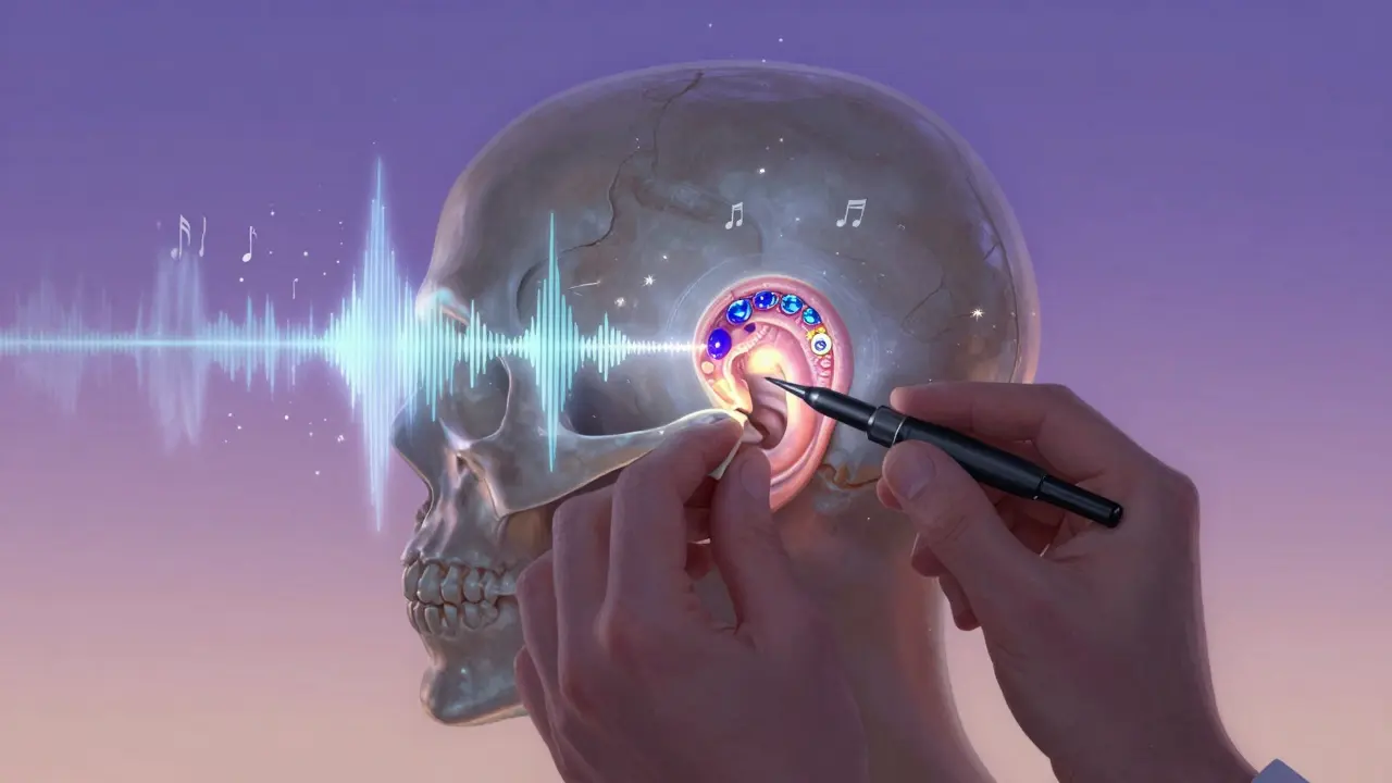An audiologist places a bone oscillator behind a patient's ear, with a glowing sound wave traveling through the skull to the inner ear.