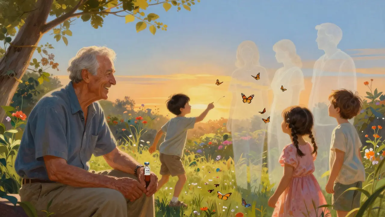 An elderly man laughs with grandchildren in a sunlit garden, a vial of CAR T therapy beside him as fading figures glow in the background.